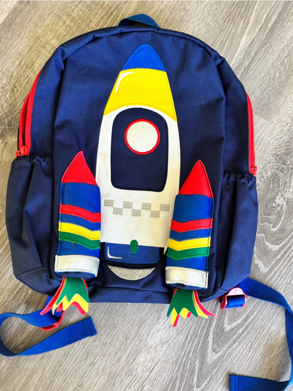 Boden Kids Navy Backpack with Rainbow Rocket
